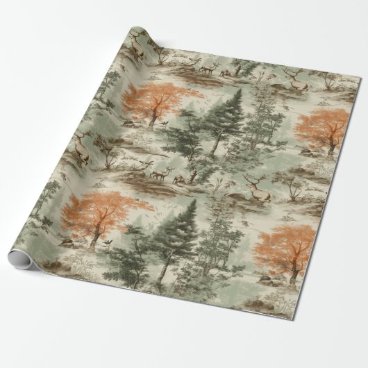 Modern Forest Junting Green Toile de Jouy Pattern Geschenkpapier (Ungerollt)