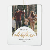 Modern Foto Arch Frohe Weihnachts-Gold-Script Keramikornament (Links)