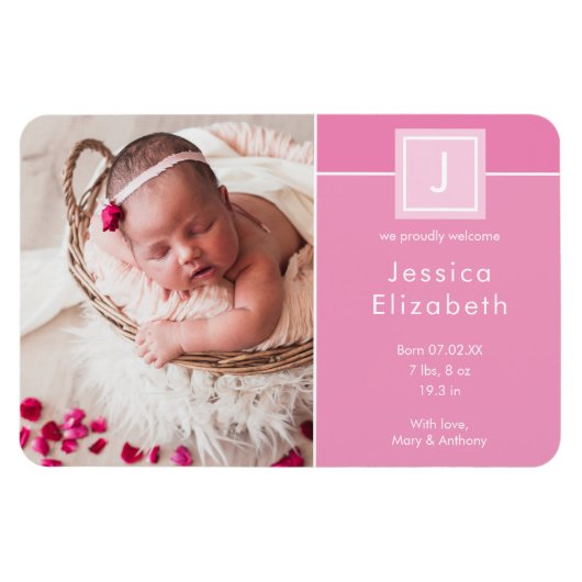 Modern Foto Baby Monogram Girl Birth Announcement Magnet (Horizontal)