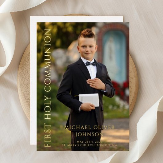 Modern Foto Boy First Heilige Kommunion Gold Folieneinladung