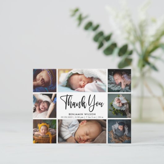 Modern Foto Collage Baby Vielen Dank Ankündigung Postkarte (Stehend Vorderseite)