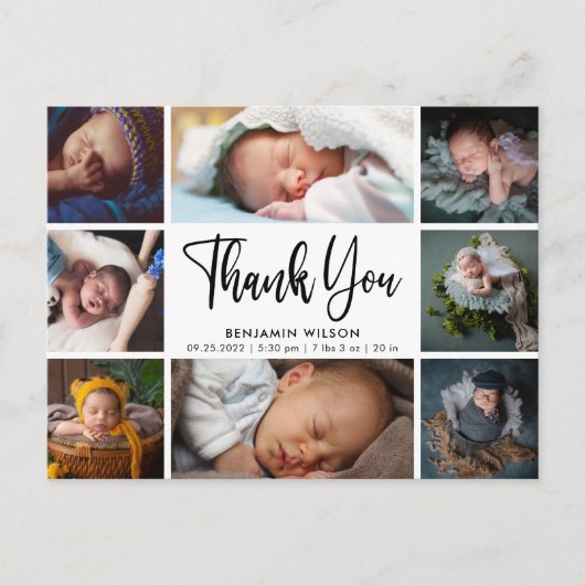 Modern Foto Collage Baby Vielen Dank Ankündigung Postkarte (Vorderseite)