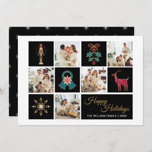 Modern Foto Collage Black Gold Holiday Card Feiertagskarte