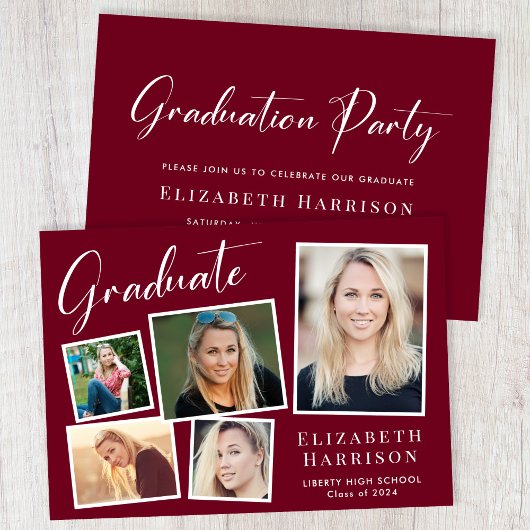 Modern Foto Collage Burgundy Graduation Party Einladung