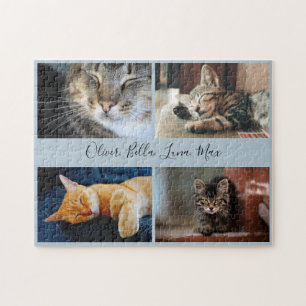 Modern Foto Collage Custom Script Name Light Blue Puzzle