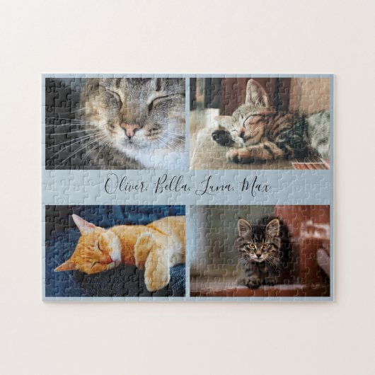 Modern Foto Collage Custom Script Name Light Blue Puzzle (Horizontal)