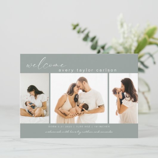 Modern Foto Collage Einfache Skriptgeburt Ankündigung (Stehend Vorderseite)