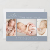 Modern Foto Collage Einfaches Script Blue Birth Ankündigung (Vorderseite)