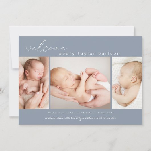 Modern Foto Collage Einfaches Script Blue Birth Ankündigung (Vorderseite)