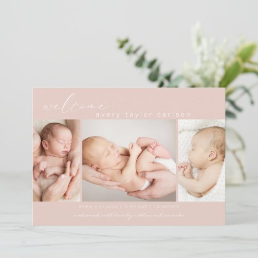 Modern Foto Collage Einfaches Script Rosa Geburt Ankündigung (Stehend Vorderseite)
