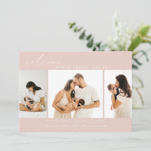 Modern Foto Collage Einfaches Script Rosa Geburt Ankündigung (Stehend Vorderseite)
