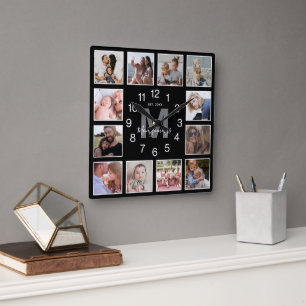 Modern Foto Collage Familienname Schwarz Quadratische Wanduhr