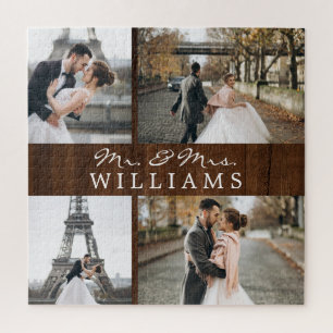 Modern Foto Collage Newlyweds Monogram Dark Wood Puzzle