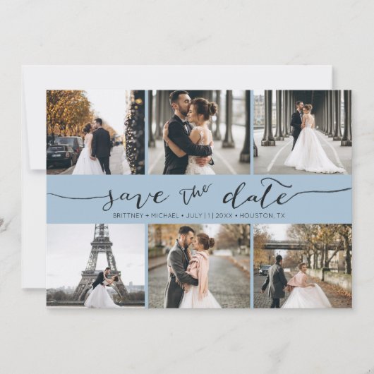 Modern Foto Collage Save the Date Dusty Blue (Vorderseite)