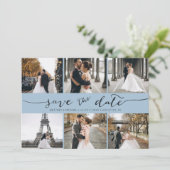 Modern Foto Collage Save the Date Dusty Blue (Stehend Vorderseite)