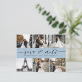 Modern Foto Collage Save the Date Dusty Blue Ankündigungspostkarte (Stehend Vorderseite)