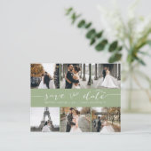 Modern Foto Collage Save the Date Grün anzeigen Ankündigungspostkarte (Stehend Vorderseite)