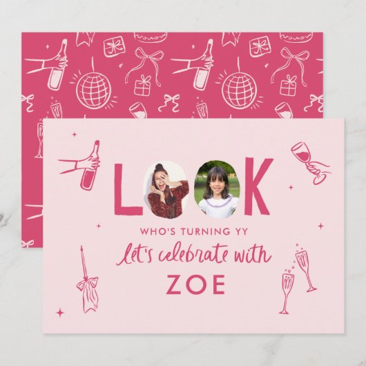 Modern Foto Collage Spaß HandGezeichnet Geburtstag Einladung (Vorne/Hinten)