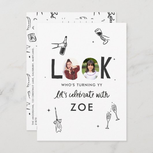 Modern Foto Collage Spaß HandGezeichnet Geburtstag Postkarte (Vorne/Hinten)