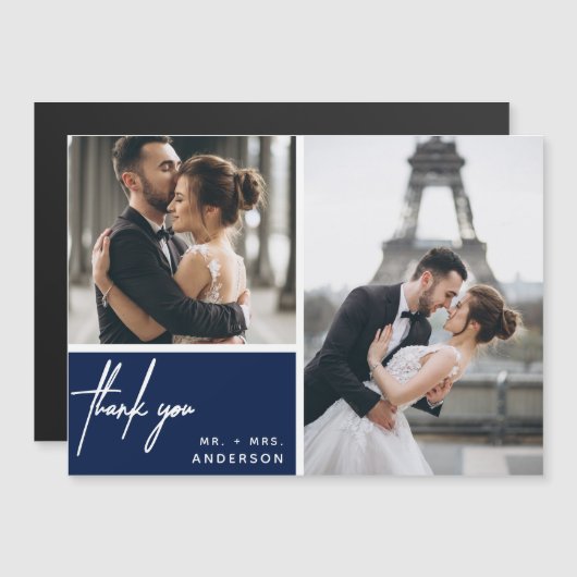 Modern Foto Collage Wedding Navy Blue Vielen Dank Magnetkarte (Vorne/Hinten)