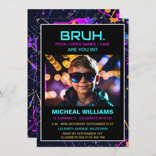 Modern Foto Gamer Neon Birthday Einladung (Vorne/Hinten)