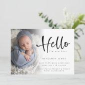 Modern Foto Hello New Baby Boy Blue Birth Ankündigung (Stehend Vorderseite)