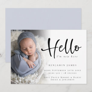 Modern Foto Hello New Baby Boy Blue Birth Ankündigung