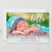 Modern Foto Hello Script Stripe Baby Boy Birth Ankündigung (Vorderseite)