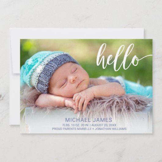 Modern Foto Hello Script Stripe Baby Boy Birth Ankündigung (Vorderseite)