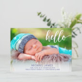 Modern Foto Hello Script Stripe Baby Boy Birth Ankündigung (Stehend Vorderseite)