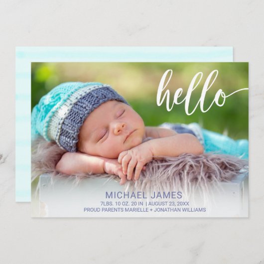 Modern Foto Hello Script Stripe Baby Boy Birth Ankündigung (Vorne/Hinten)