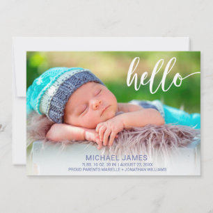 Modern Foto Hello Script Stripe Baby Boy Birth Ankündigung