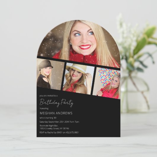 Modern Foto Strip Collage Arched Birthday Party Einladung (Stehend Vorderseite)