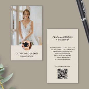 Modern Fotograf 2 Fotos QR Code Einfache Creme Visitenkarte