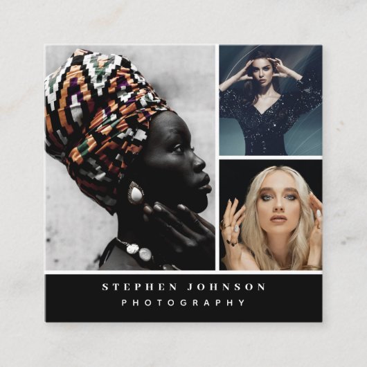 Modern Fotograf 3 Fotos QR Code Social Media Quadratische Visitenkarte (Vorderseite)