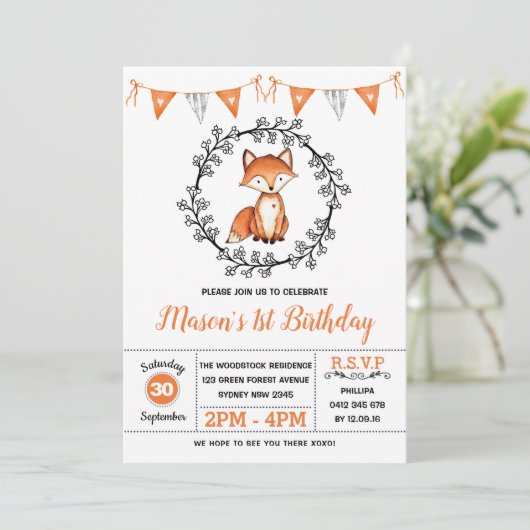 Modern Fox Birthday Party / Woodland Animal Einladung (Stehend Vorderseite)