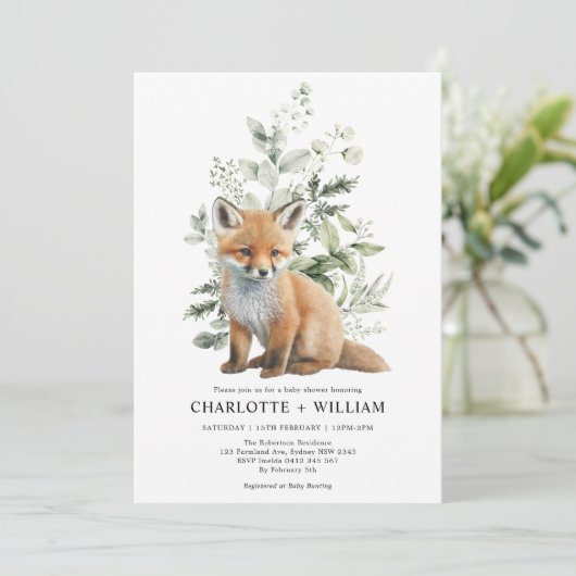 Modern Fox Sage Green Botanical Blätter Babydusche Einladung (Stehend Vorderseite)