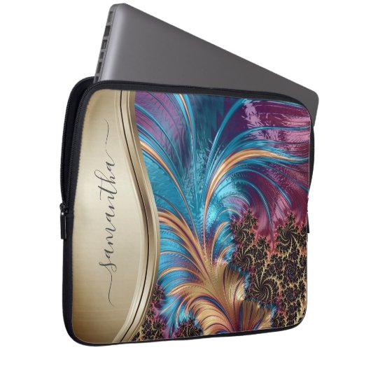 Modern Fractal Blue Gold Handwritten Name Case-Mat Laptopschutzhülle (Vorne Rechts)