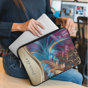 Modern Fractal Blue Gold Handwritten Name Case-Mat Laptopschutzhülle