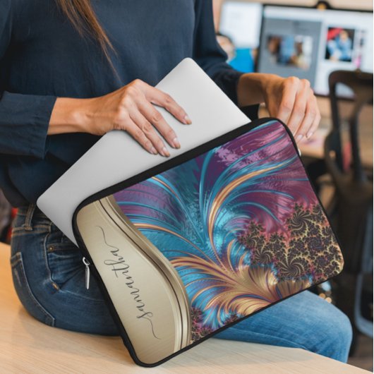 Modern Fractal Blue Gold Handwritten Name Case-Mat Laptopschutzhülle