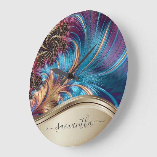 Modern Fractal Blue Gold Handwritten Name Große Wanduhr (Winkel)