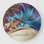 Modern Fractal Blue Gold Handwritten Name Große Wanduhr (Vorderseite)
