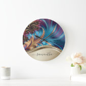 Modern Fractal Blue Gold Handwritten Name Große Wanduhr (Zuhause)