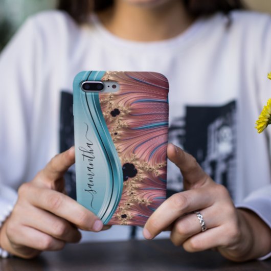 Modern Fraktal Blue Handgeschriebenes Monogramm Case-Mate iPhone Hülle