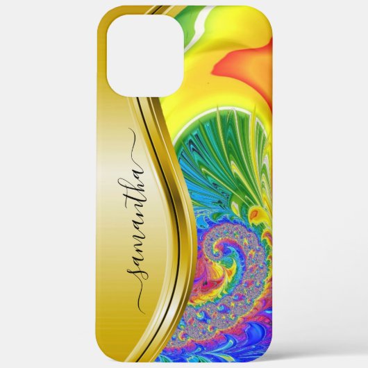 Modern Fraktal Rainbow Yellow Monogram Name Case-Mate iPhone Hülle (Rückseite)
