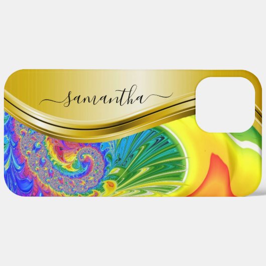 Modern Fraktal Rainbow Yellow Monogram Name Case-Mate iPhone Hülle (Rückseite / Rechts)