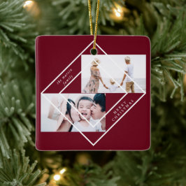 Modern Frame Burgundy Zwei Fotos Frohe Weihnachten Keramikornament