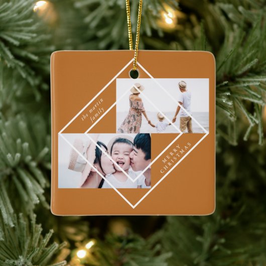 Modern Frame Gold Zwei Foto Frohe Weihnachten Keramikornament (Baum)