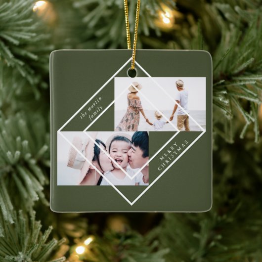 Modern Frame Green Zwei Foto Frohe Weihnachten Keramikornament (Baum)