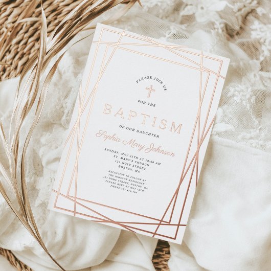 Modern Frame Pink Girl Taufe Rose Gold Folieneinladung